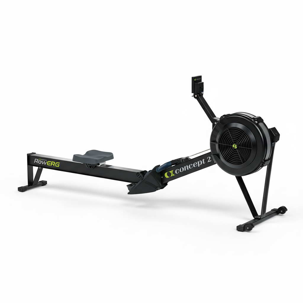 A sleek black rowing machine standing upright against a wall
