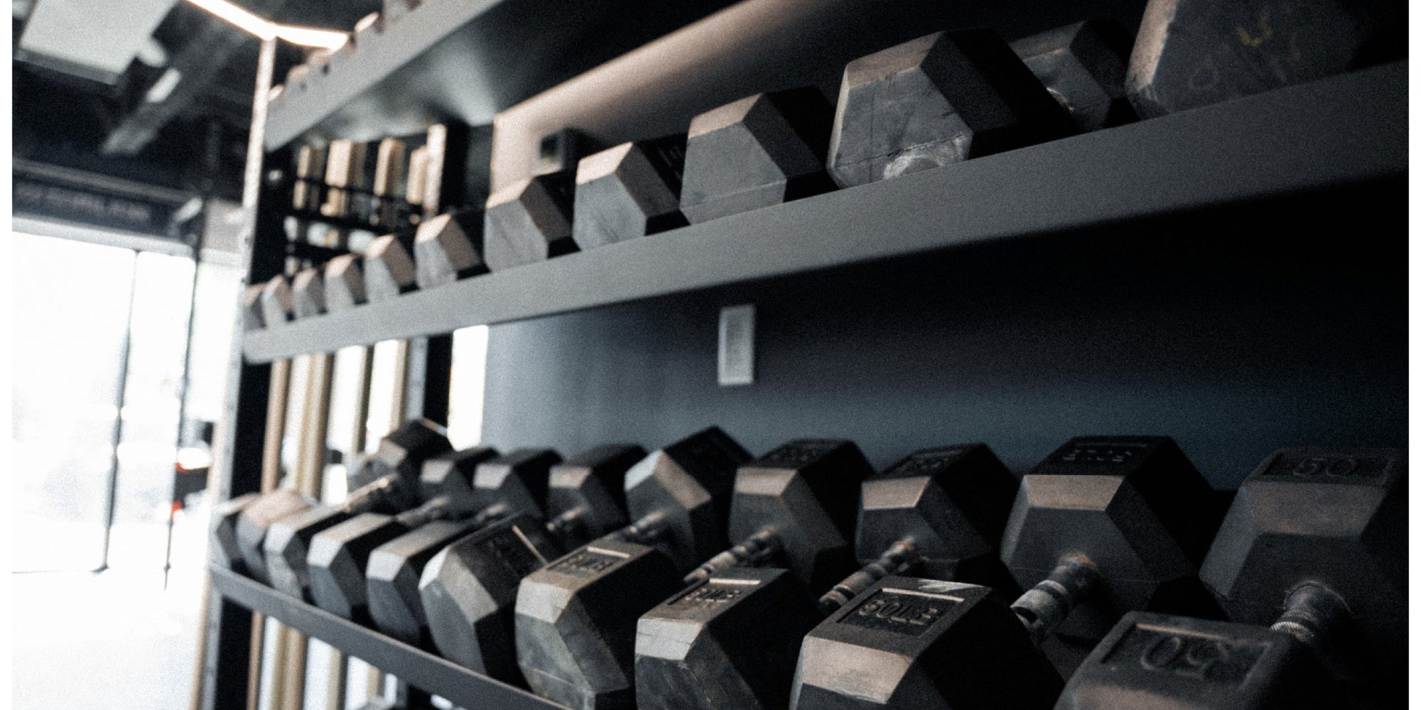 Commercial gym dumbbell storage rack with organized hex dumbbells, showing a clean and efficient strength training area for gym owners.