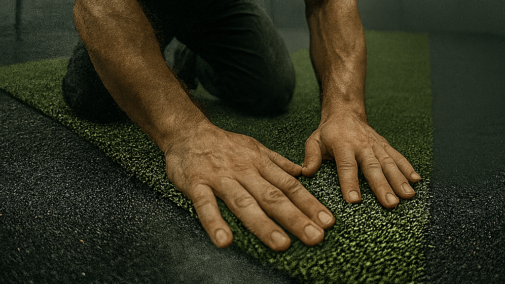 Installation of commercial custom gym turf in Canada, durable flooring solution for fitness centers, CrossFit &amp; Hyrox gyms and performance training facilities