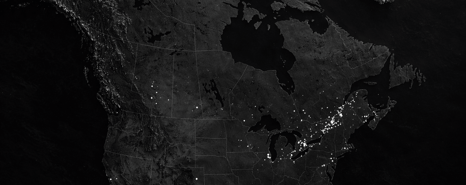 Map of North America at night with dots showing Gorila Fitness gyms