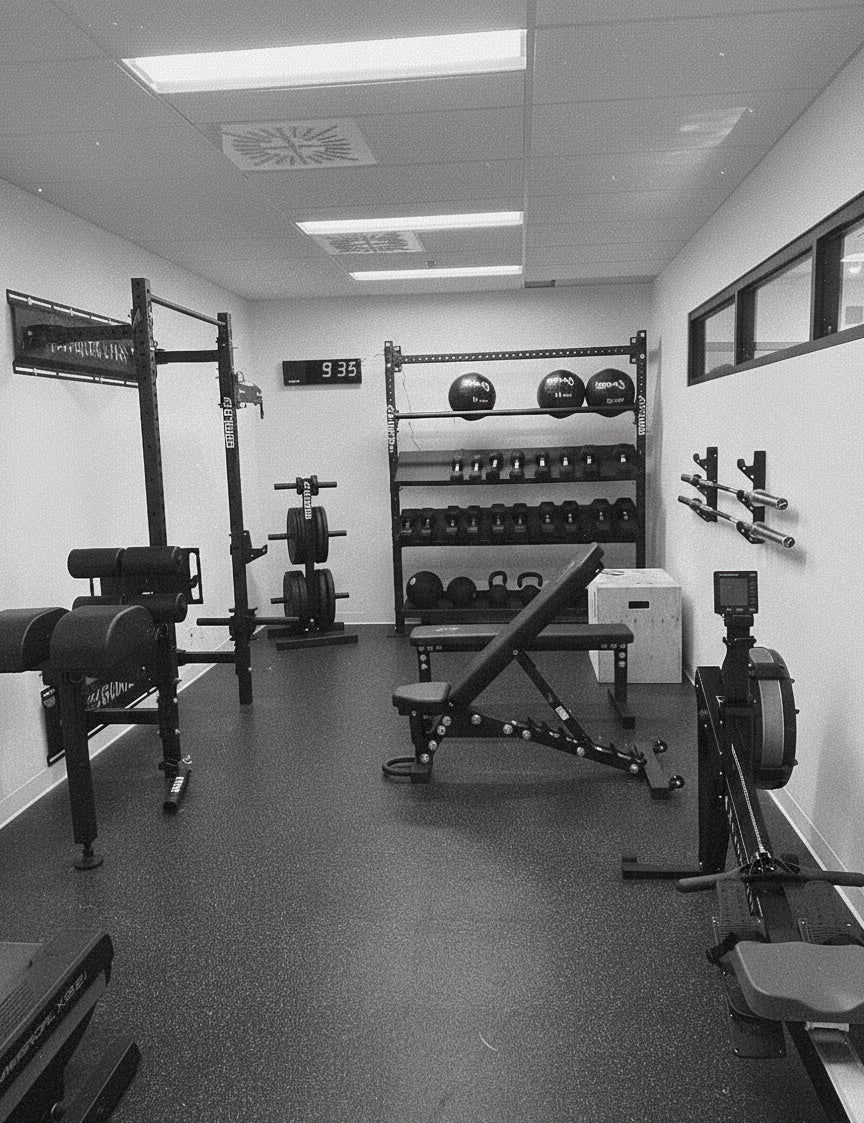 Compact gym setup with premium black Gorila Fitness equipment – power rack, adjustable bench, dumbbells, kettlebells, and wall-mounted storage. Ideal for home gyms and commercial fitness spaces looking to maximize space without sacrificing performance.