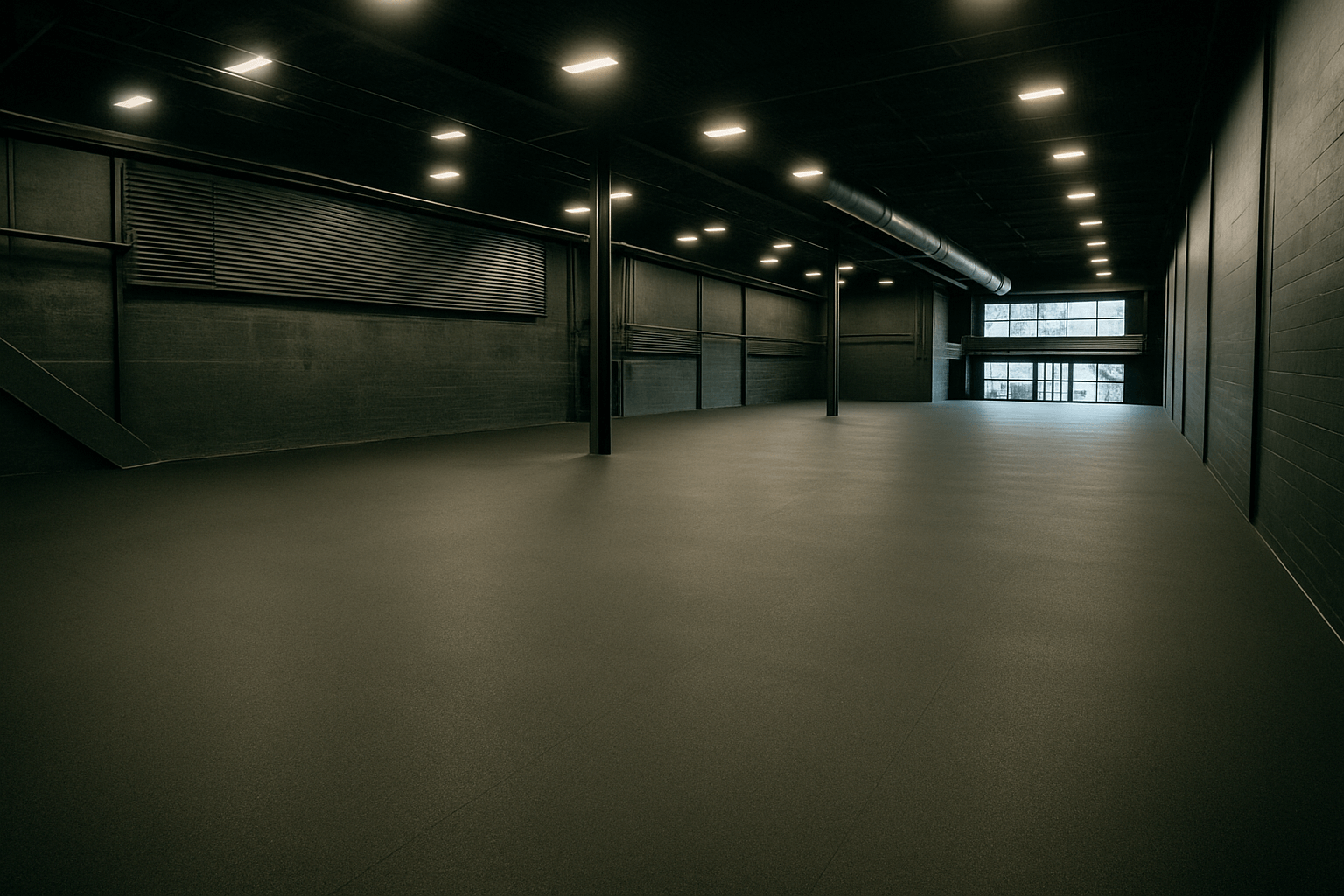 Freshly finished installation of seamless rubber roll flooring in a large empty gym warehouse, ready for equipment setup.