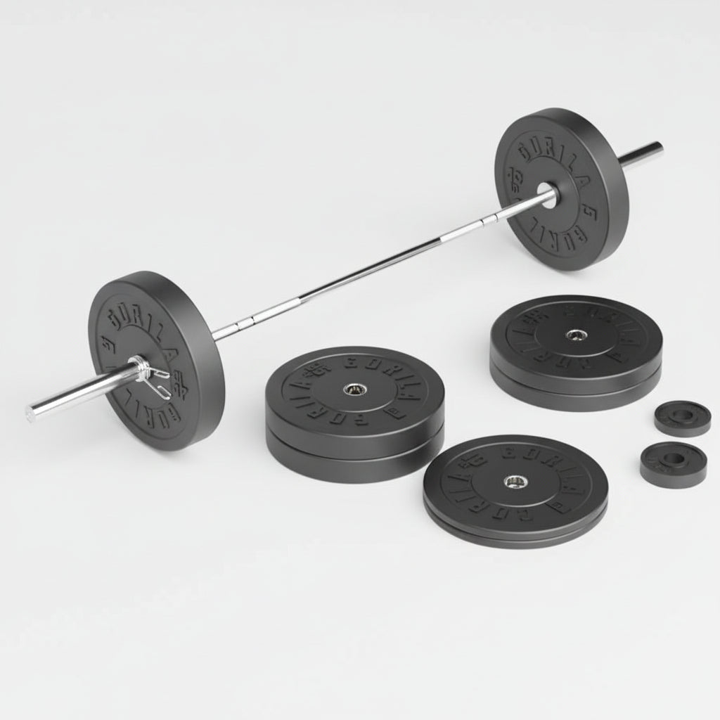 Gorila 290 lb RX Bar and Ox Bumper Plate Set with training bar, full plate range from 2.5 to 45 lb displayed on gym floor – precision engineered weightlifting set.