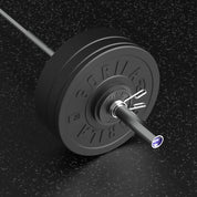 Close-up of Gorila 230 lb barbell loaded with Ox bumper plates – durable dead bounce plates for home gym training, free shipping across Canada