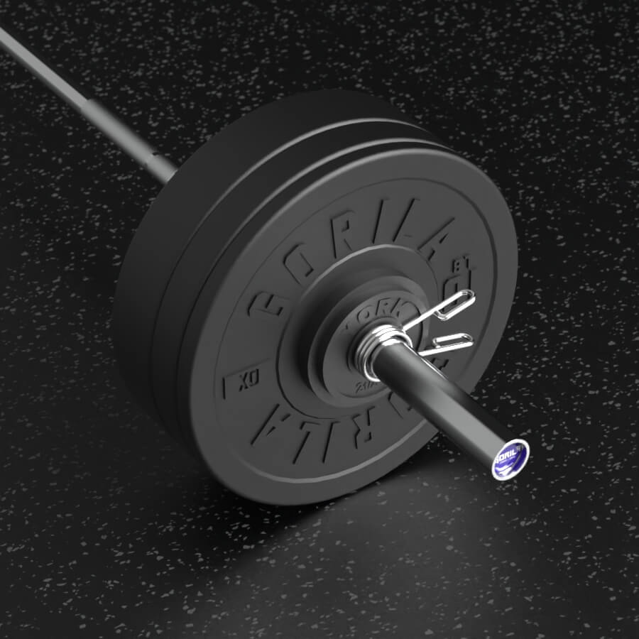 Close-up of Gorila 230 lb barbell loaded with Ox bumper plates – durable dead bounce plates for home gym training, free shipping across Canada