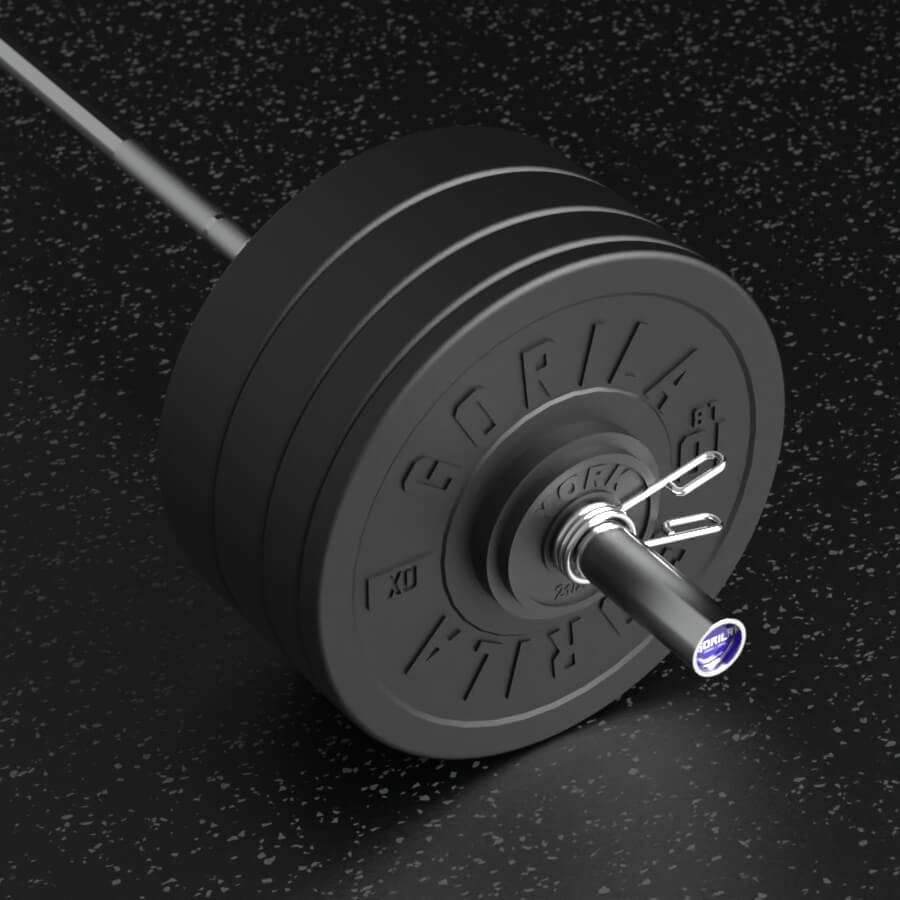 Close-up of Gorila barbell loaded with Ox bumper plates and spring collars on black gym floor – premium 290 lb RX bar and plate set with training bar