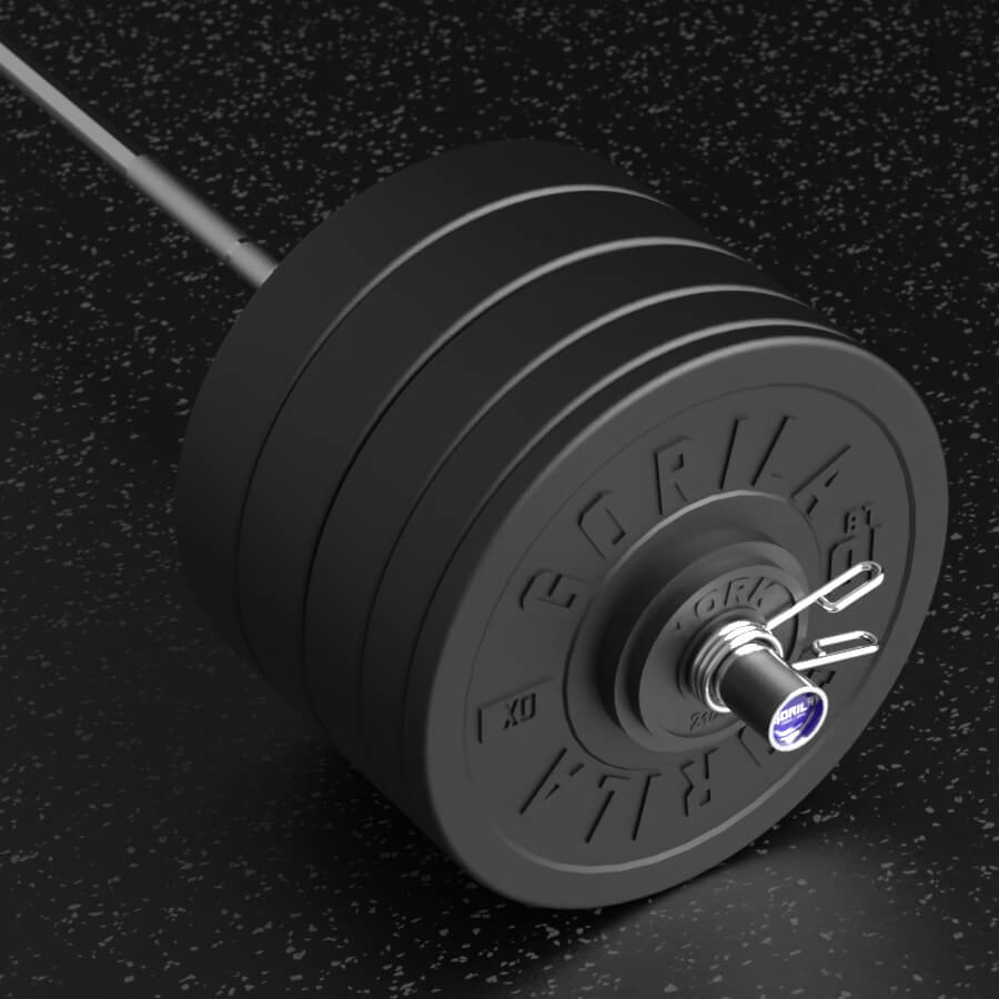 Close-up of Gorila barbell loaded with Ox bumper plates – 380 lb Elite strength training package for garage gyms in Canada