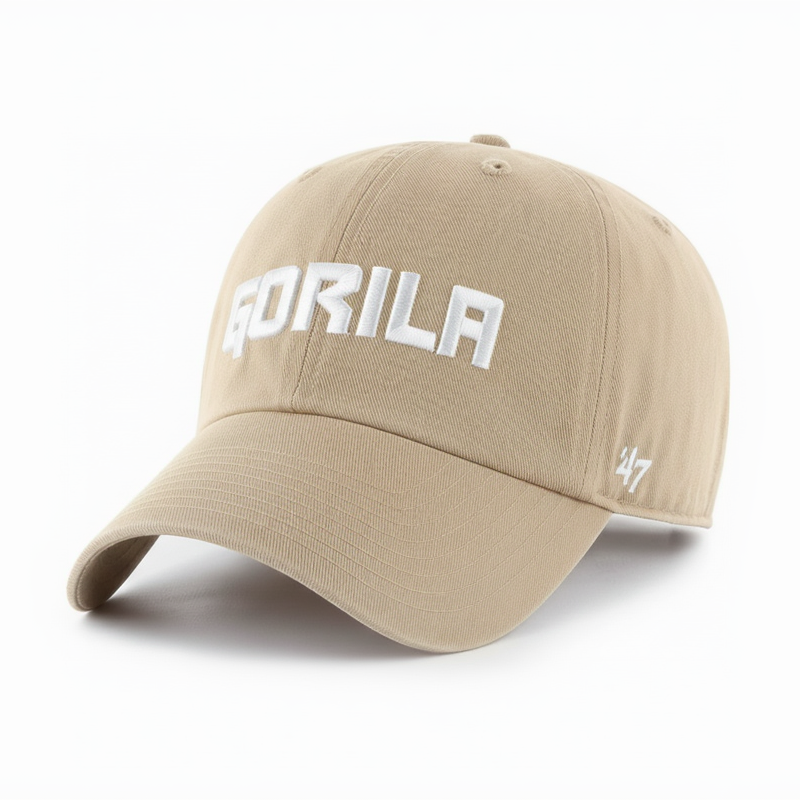 Beige cap with 'Gorila' text on a white background