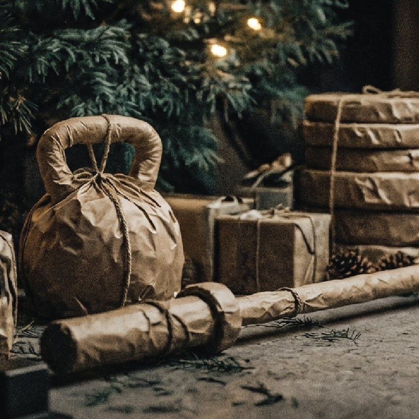 Kettlebell and barbell wrapped in brown paper against a dark background with Christmas tree lights.