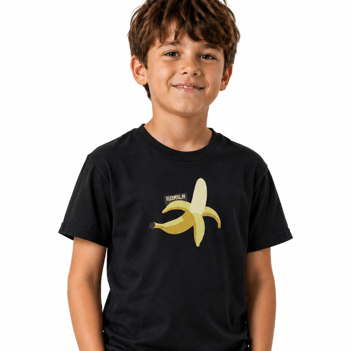 Kid wearing a black Gorila Fitness T-shirt with a subtle DTG-style banana graphic on the front, shown against a clean white background.