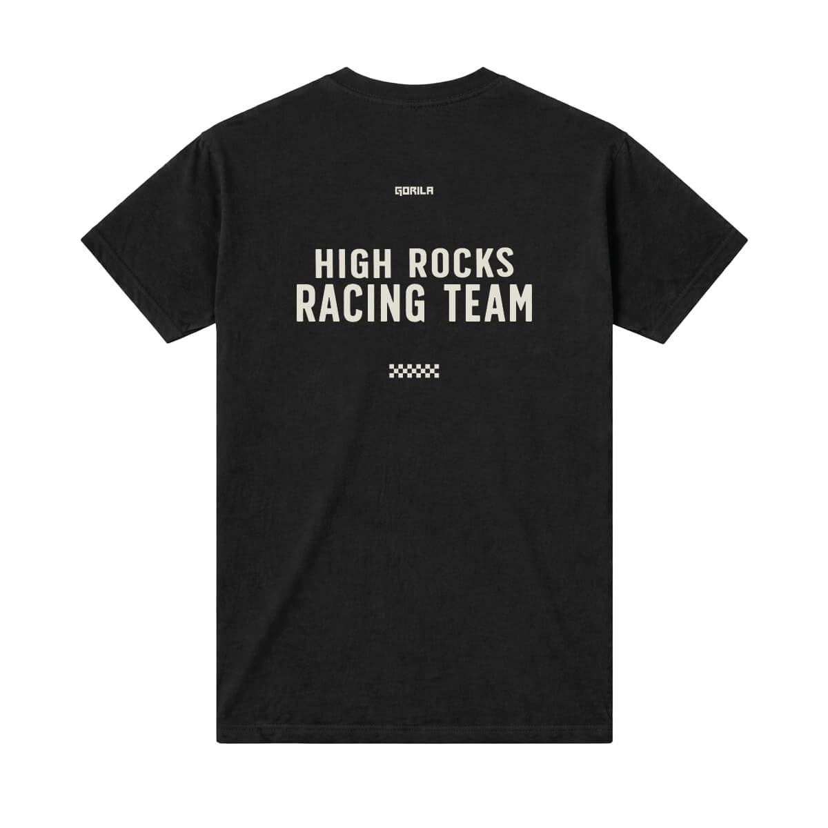 Black t-shirt with 'High Rocks Racing Team' text on the back against a white background
