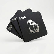 Three black e-gift cards with a gorilla logo and monetary values on a white background