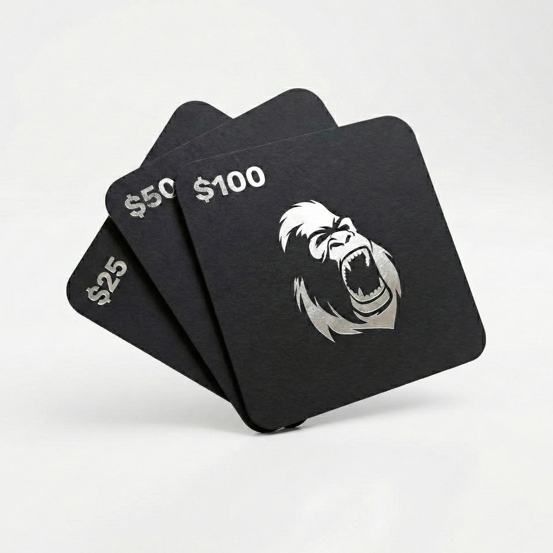 Three black e-gift cards with a gorilla logo and monetary values on a white background