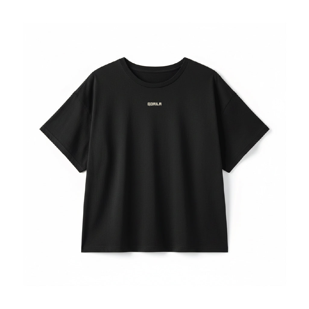 Black Women's Boxy t-shirt with a 'Gorila' logo on a white background