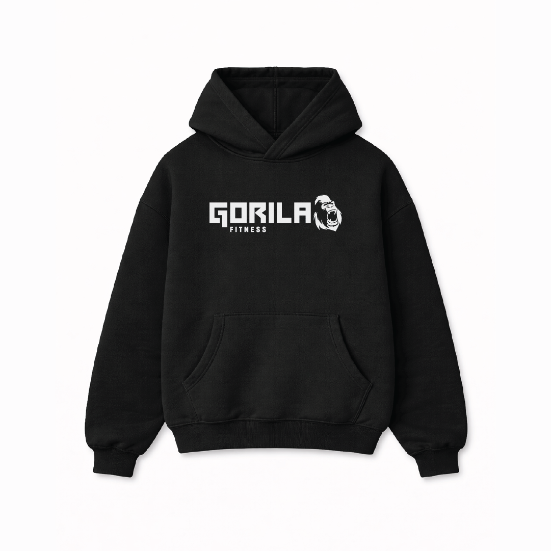 Black hoodie with 'Gorila Fitness' logo on a white background