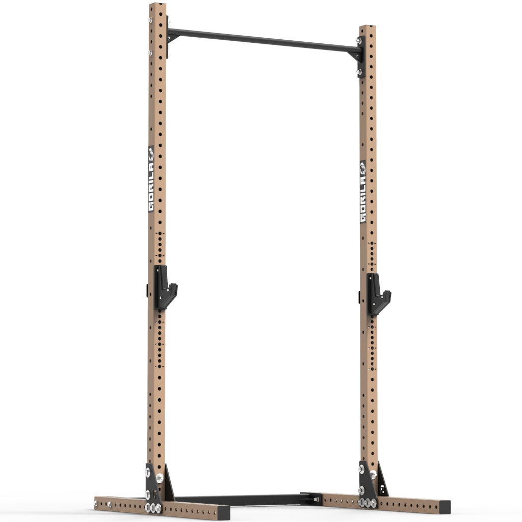 Gorila J90 Squat Stand with Pull-Up Bar – Sturdy, Customizable & Space-Efficient | Angled View (Tan)