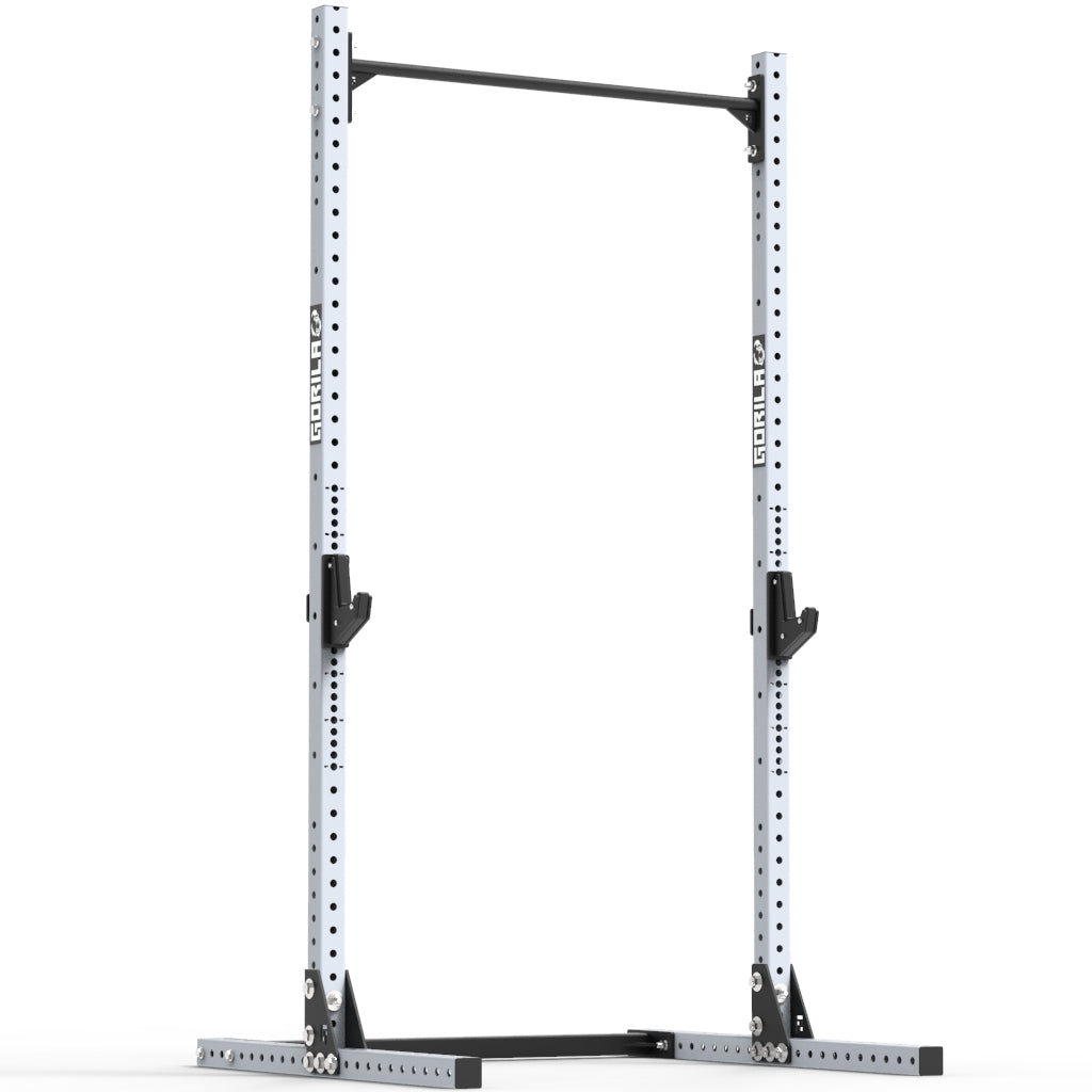 Gorila J90 Squat Stand with Pull-Up Bar – Sleek, Strong & Designed for Athletes | Angled View (White)