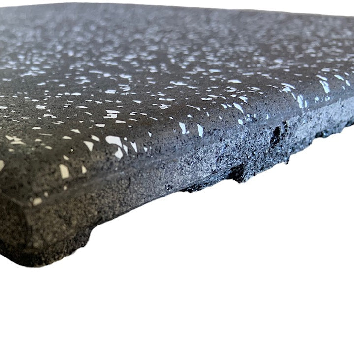 Top view of Regupol grey speckled high-impact flooring tile made from recycled rubber, perfect for commercial gyms, CrossFit boxes, and home fitness spaces in Canada.