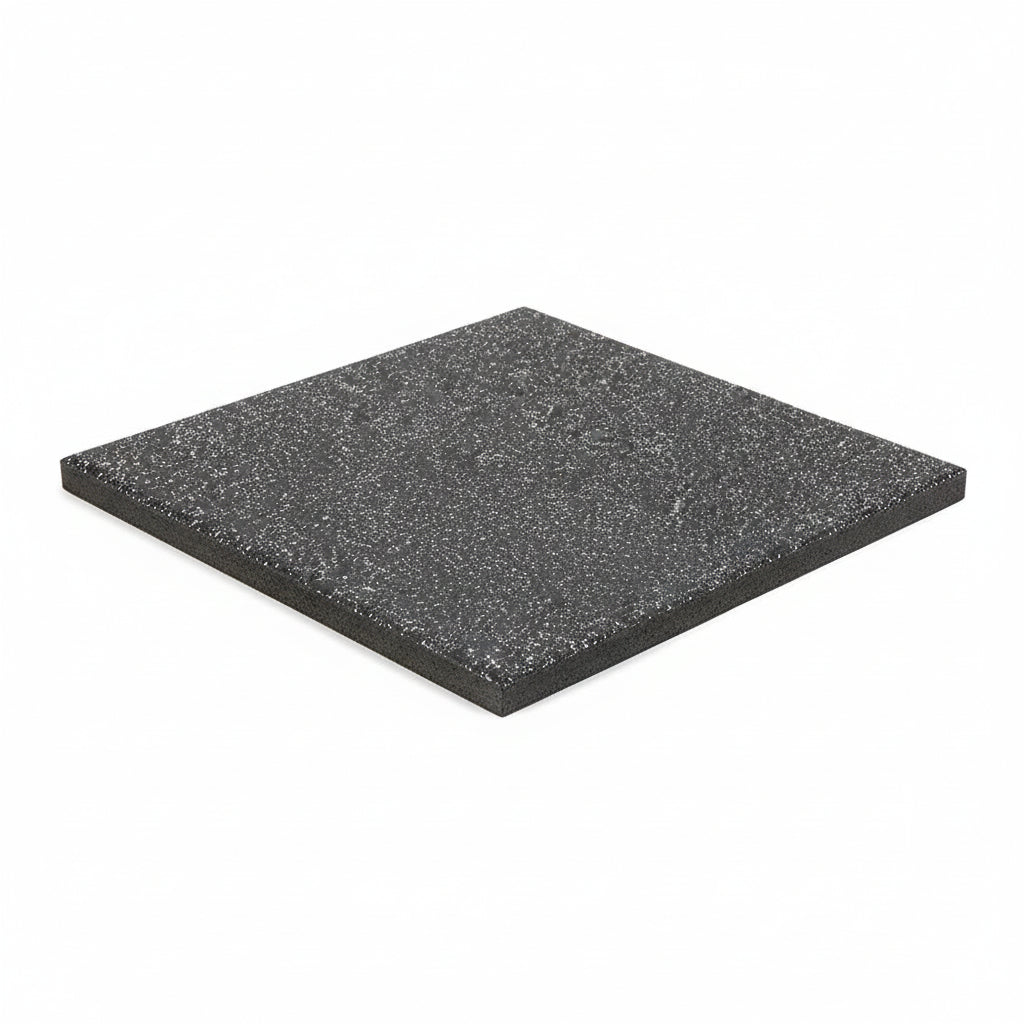 Regupol gym tiles highlighting the embossed bottom design and smooth top layer, engineered for heavy weightlifting and shock absorption, available from Gorila Fitness Canada.