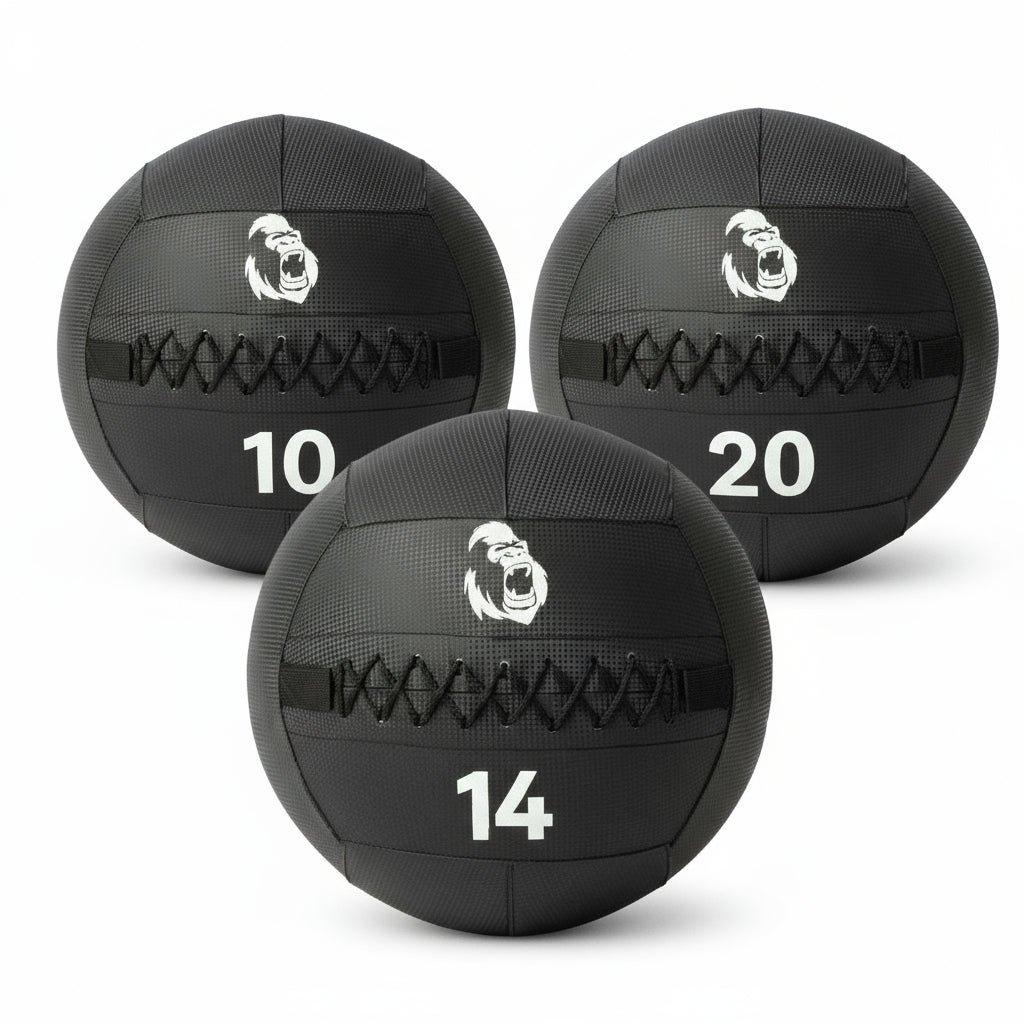 Gorila Medicine Ball 2.0 Set with 10lb, 14lb, and 20lb weighted balls, black textured surface with white Gorila Fitness logo.