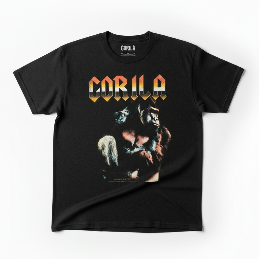Rock inspired T-shirt of a sitting gorilla with orange and yellow "GORILA" logo on the white background, for fitness enthusiasts