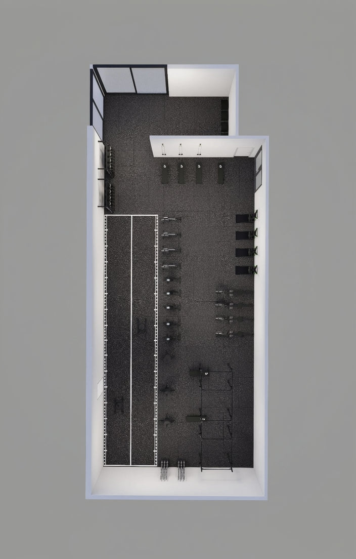 Top-down view of a modern gym 3d render interior with black walls and white accents.