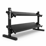 Gorila Fitness Black metal shelf storage with two levels on a white background, for Dumbbells and Kettlebells