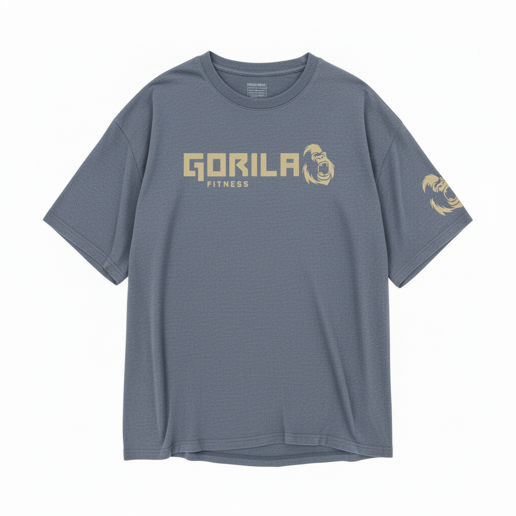 Navy Heather t-shirt with Beige 'Gorila Fitness' logo on a white background