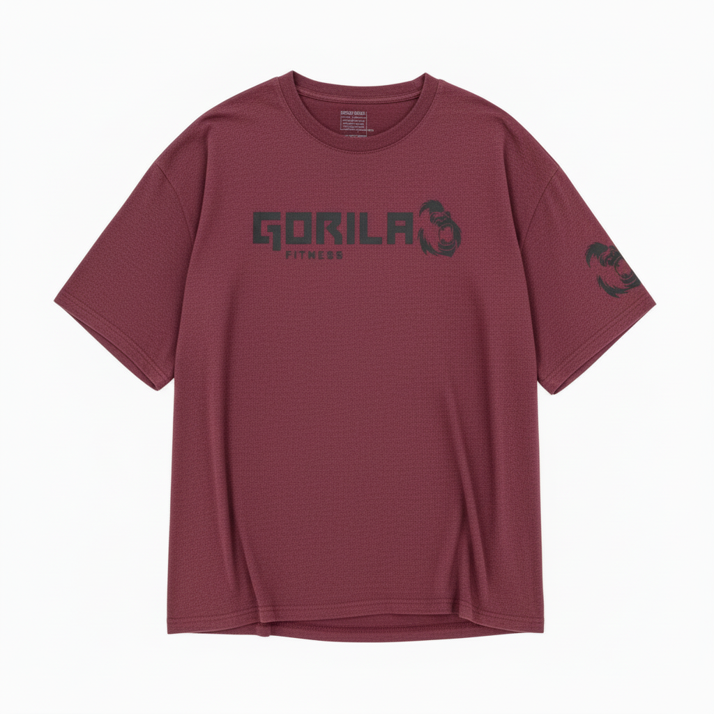 Maroon t-shirt with black 'Gorilla Fitness' logo on a white background