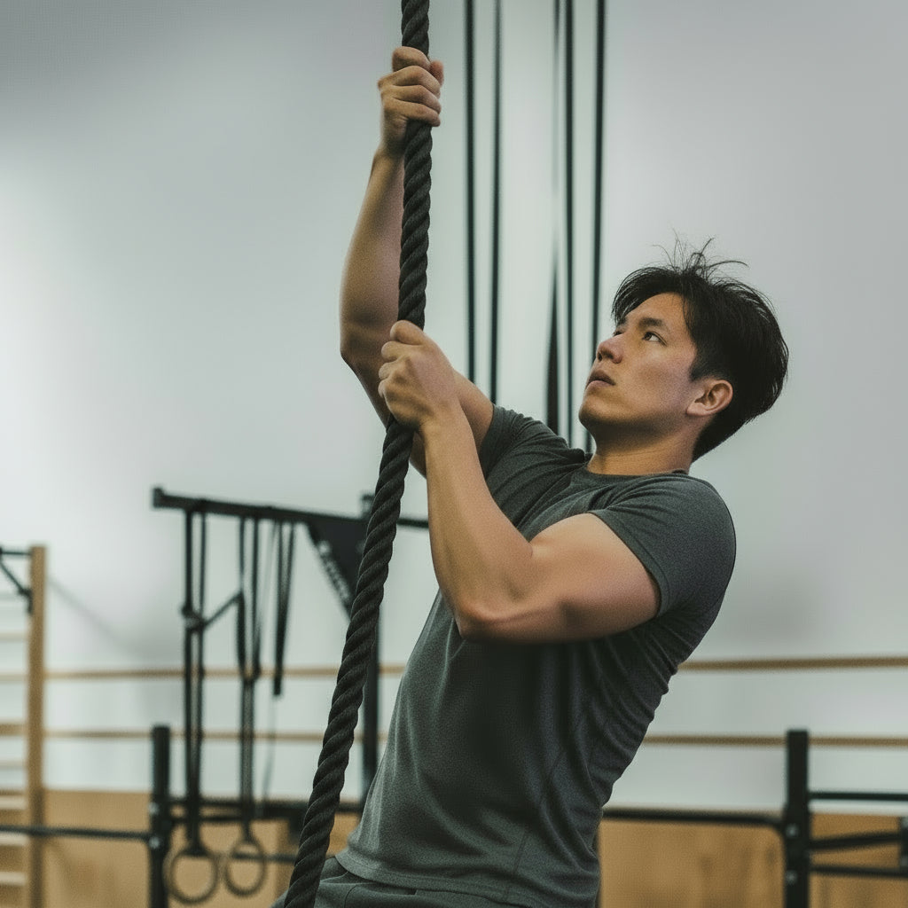 Athlete preparing for rope climb training using the Gorila Blackline Rope inside a gym.