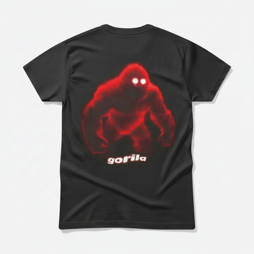Pepper color t-shirt with red Blurry Gorila graphic and bright white laser focus eyes on back