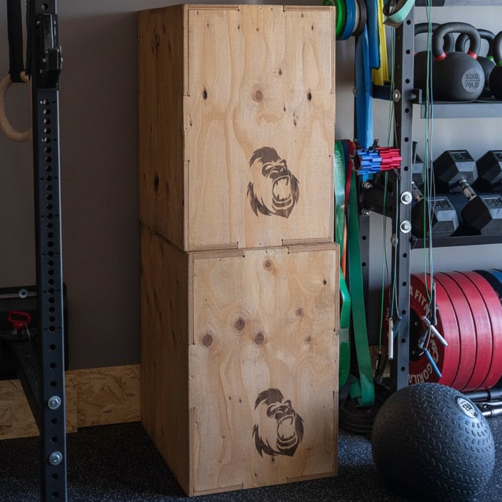Gorila 3 in 1 wooden Plyo Box stacked in home gym setup