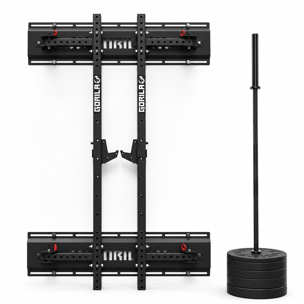 Camo 1.0 Home Gym Starter Pack, Gorila Camo folding squat rack folded flat on a white wall with a barbell and bumper plates