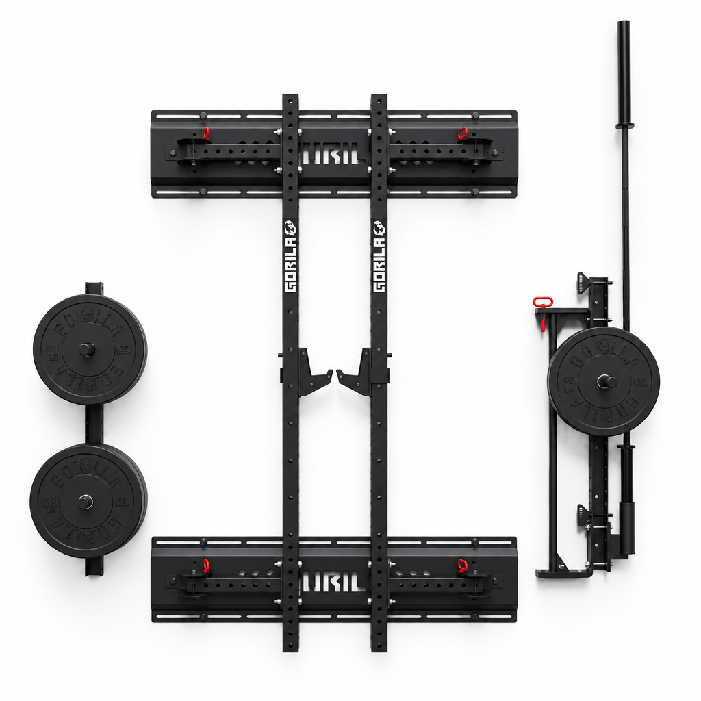 Camo 2.0 Complete Home Gym Pack: Gorila Camo folding squat rack folded flat to the wall with plate storage and a vertical bar holder