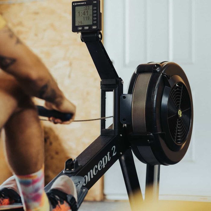 Concept2 RowErg PM5 monitor showing workout data and performance metrics