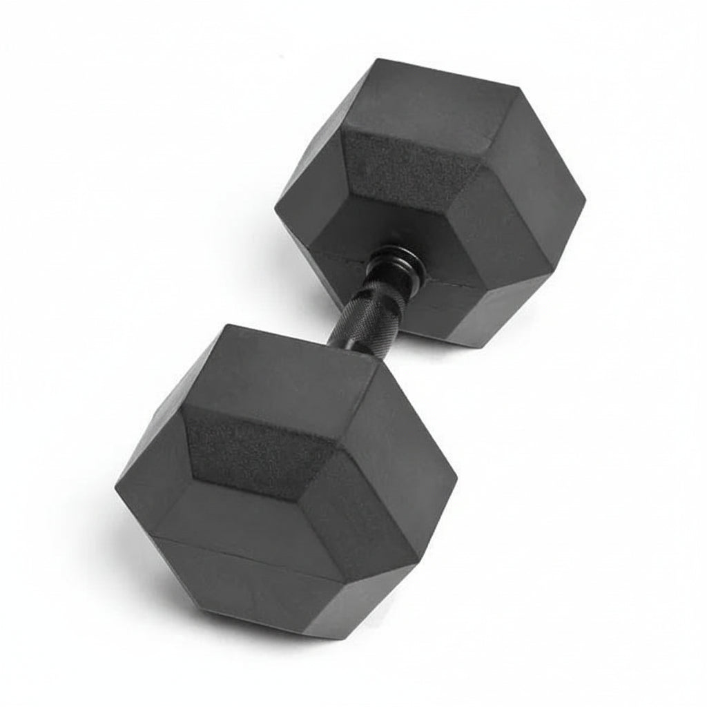 Black rubber hex dumbbell, single weight for strength training on white background