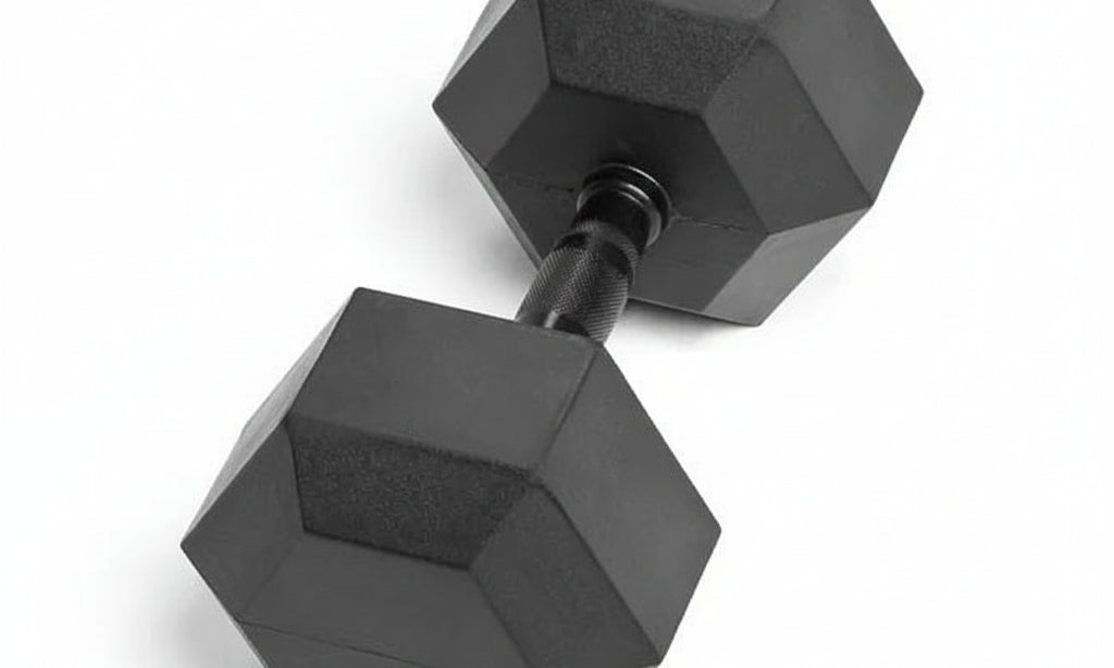 Black rubber hex dumbbell, single weight for strength training on white background