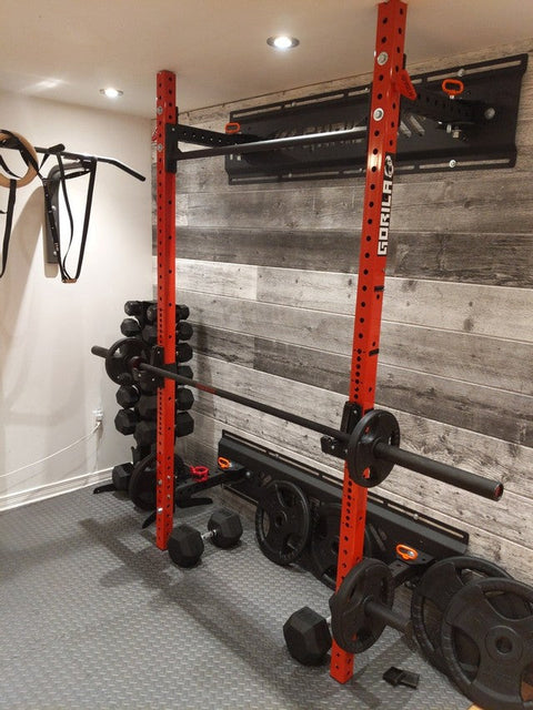 Garage gym power rack setup in a Canadian home