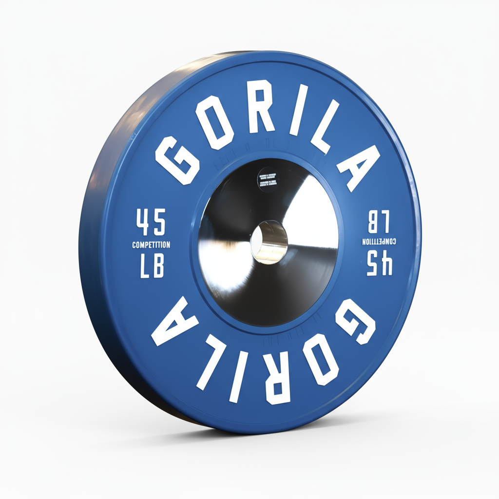 Blue 45 lb Gorila LB Competition Plate at a three-quarter angle showing chrome steel insert
