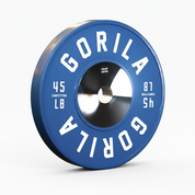 Blue 45 lb Gorila LB Competition Plate at a three-quarter angle showing chrome steel insert