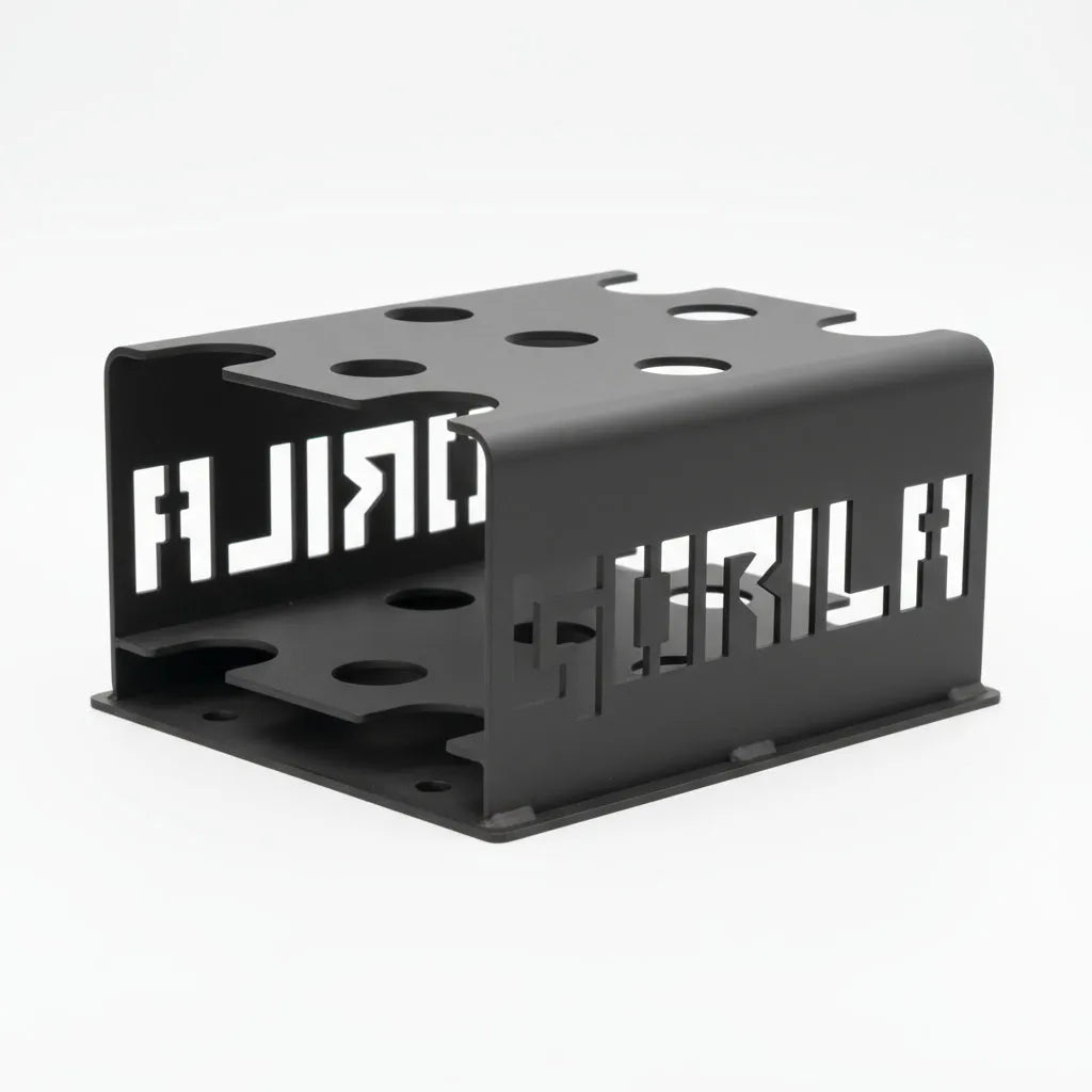 Gorila 5 Bar Holder angled front view showing laser-cut steel frame with five vertical barbell sleeves and matte black powder-coated finish for secure upright storage.