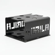 Gorila 5 Bar Holder angled front view showing laser-cut steel frame with five vertical barbell sleeves and matte black powder-coated finish for secure upright storage.