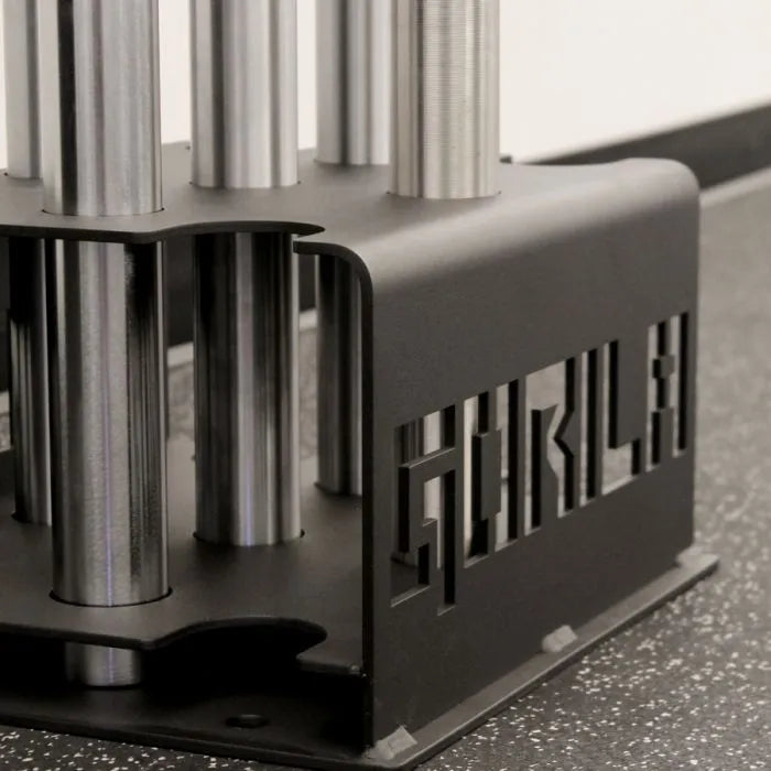 Side view of Gorila 5 Bar Holder showing precise laser-cut logo, reinforced base plate, and 7 & 11 gauge steel used for stable barbell organization.