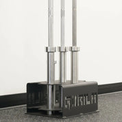 Gorila 5 Bar Holder loaded with Olympic barbells demonstrating balanced vertical storage and heavy-duty construction ideal for home or commercial gyms.