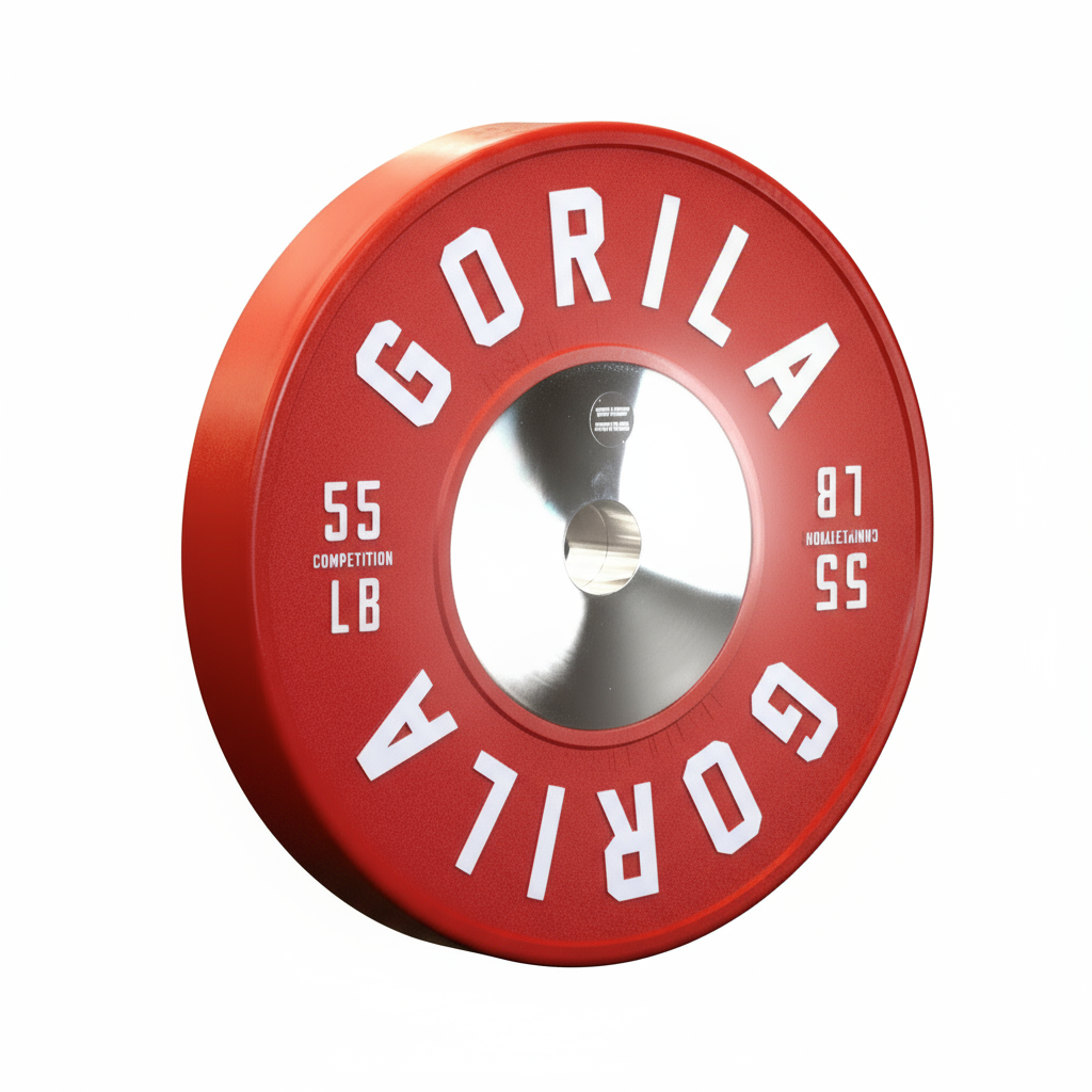 Red 55 lb Gorila LB Competition Plate at a three-quarter angle showing chrome steel insert