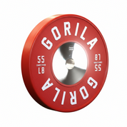 Red 55 lb Gorila LB Competition Plate at a three-quarter angle showing chrome steel insert