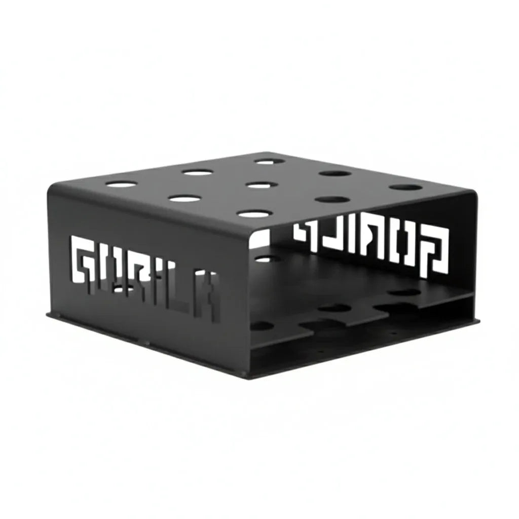 Gorila 9 Bar Holder front angle view showing laser-cut steel frame with nine circular barbell sleeves, textured black matte finish, and compact footprint for vertical bar storage.