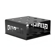 Gorila 9 Bar Holder front angle view showing laser-cut steel frame with nine circular barbell sleeves, textured black matte finish, and compact footprint for vertical bar storage.