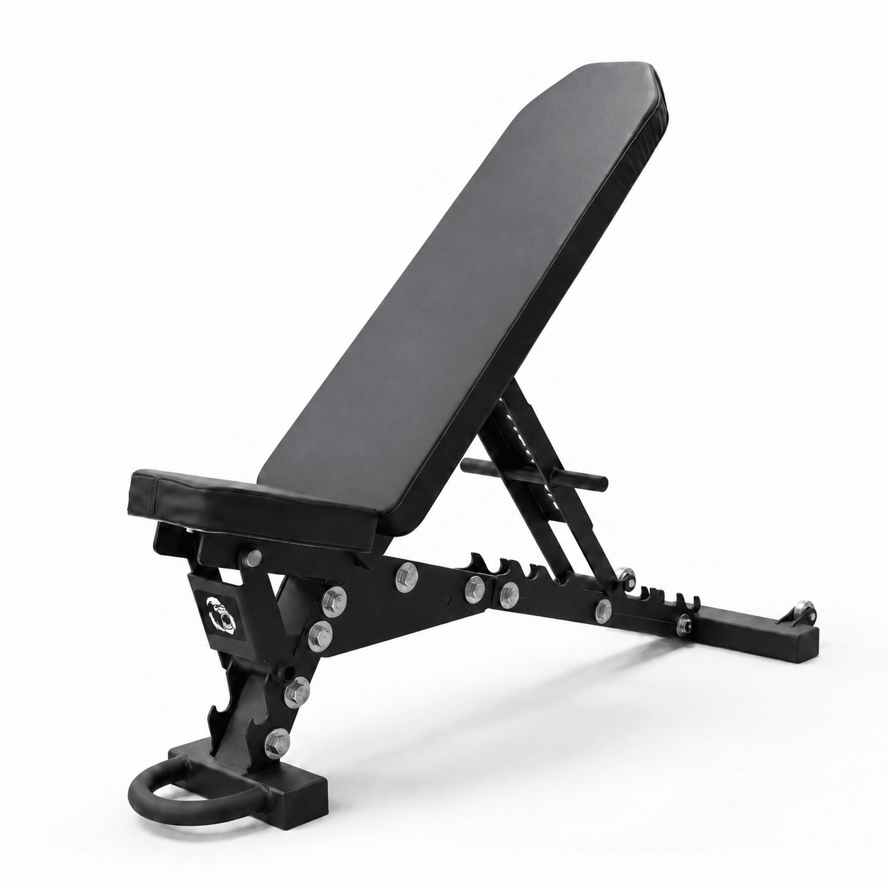 Gorila Adjustable Bench in incline position, black 11-gauge steel frame with transport handle and near gapless pads, full view