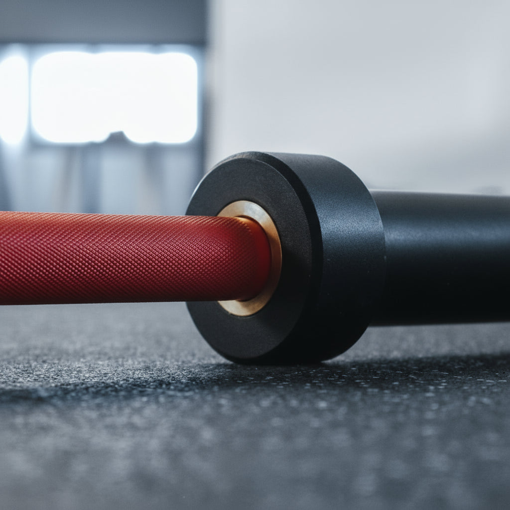 Close-up of Gorila Bar Red Teflon shaft sleeve and bushing – high-res view of red PTFE coating comparable to Cerakote barbells, highlighting dust-resistant surface and premium craftsmanship